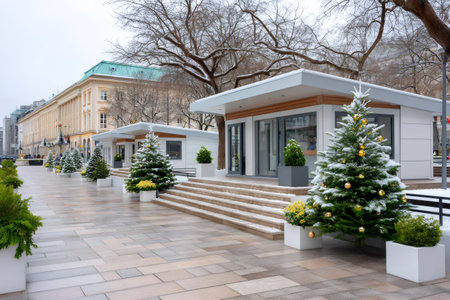 Christmas market stalls and festive trees covered in snow in an urban settingの素材