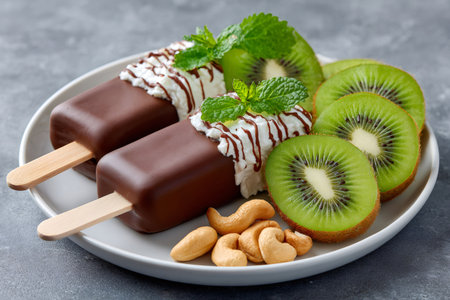 Two chocolate ice cream pops with whipped cream and mint, served with kiwi slices and cashewsの素材