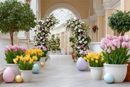 Colorful Easter eggs and potted tulips decorating a bright luxurious hallway with floral archwaysの素材
