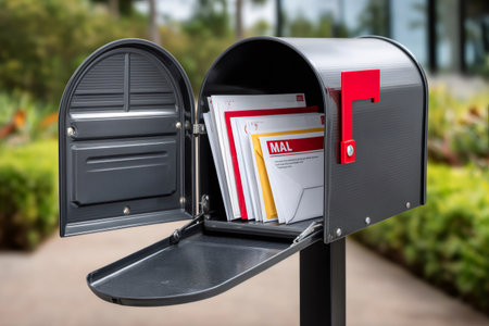 Mailbox receiving new mail and packages with its red flag downの素材