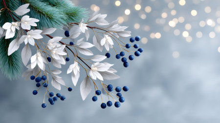 Decorative winter branch with white leaves and blue berries on a festive bokeh backgroundの素材