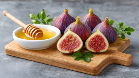 Fresh ripe figs with golden honey on a cutting board, creating a healthy food conceptの素材