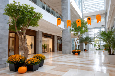 Shopping mall interior featuring Halloween decorations, pumpkins, and autumn plantsの素材