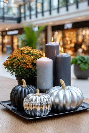 Decorating a table with elegant pumpkins, burning candles, and a potted plant in a shopping mallの素材