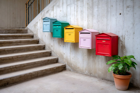 Vibrant mailboxes arranged on a brutalist concrete wall next to a staircaseの素材
