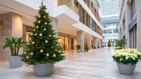 Modern shopping mall lobby decorated with Christmas trees, ornaments, and poinsettias during the holiday seasonの素材
