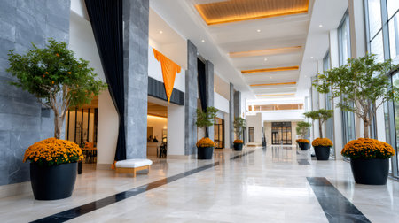 Spacious hotel lobby showcasing contemporary architecture, elegant marble flooring, and decorative plantsの素材