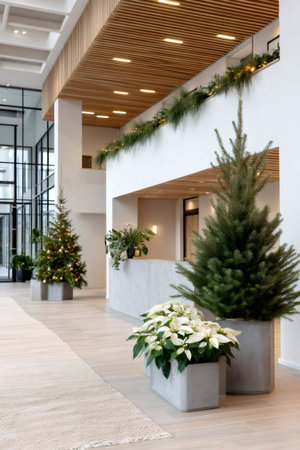 Office building reception area displaying festive Christmas decorations during the winter holidaysの素材