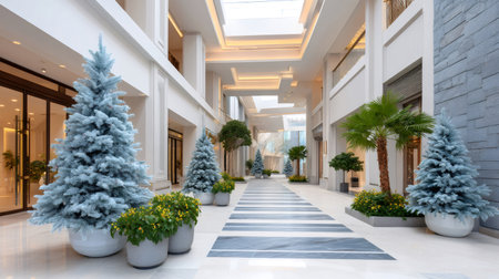 Modern hotel lobby interior with blue Christmas trees and green plants for the holiday seasonの素材