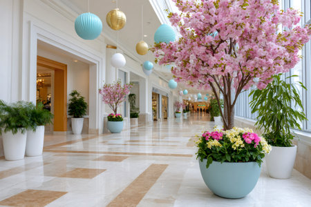 Shopping mall hallway featuring cherry blossom trees, flowering plants, and decorative lanternsの素材