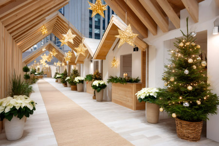 Elegant interior corridor decorating with Christmas market stalls, trees, poinsettias, and lightsの素材