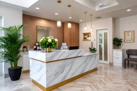 Bright, clean reception desk in a modern, elegant lobby or clinicの素材
