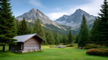 Rustic wooden cabin standing in a green meadow with alpine peaks and forestの素材