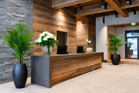 Hotel reception area featuring a stylish desk, natural wood, stone, and green plantsの素材