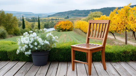 Wooden chair and potted flowers on a deck, overlooking a peaceful countryside vineyardの素材