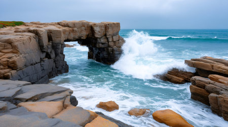 Ocean waves crashing against the rocky coastline and natural arch eroding the landscapeの素材