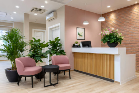 Modern reception area with comfortable chairs and a wooden slatted desk, creating a welcoming atmosphereの素材