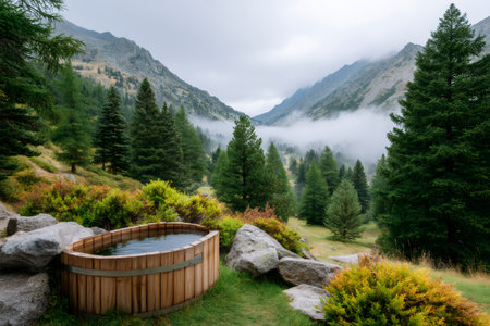 Wooden hot tub offering relaxation in a serene mountain forest valleyの素材