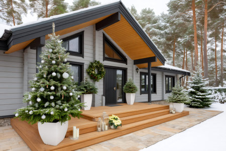 Modern house front porch decorated with Christmas trees and snow in winterの素材