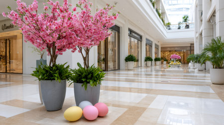 Easter eggs and pink cherry blossoms decorating a modern shopping mall atriumの素材