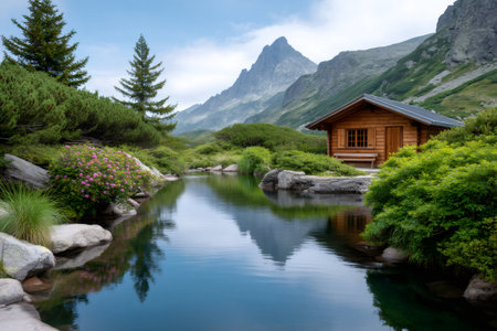 Wooden cabin standing next to a tranquil mountain lake reflecting the surrounding alpine landscapeの素材