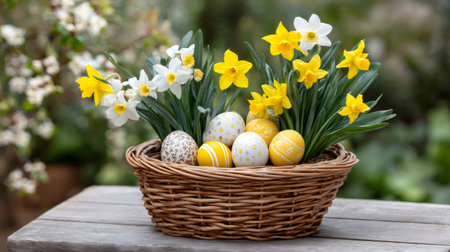 Easter basket filled with colorful decorated eggs and blooming daffodil flowers, symbolizing springの素材