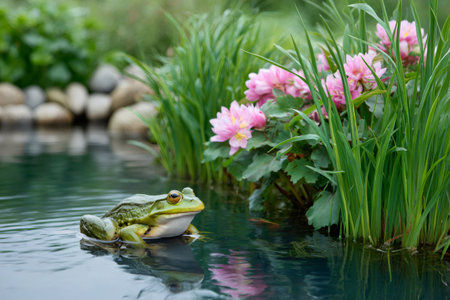 Green frog resting in calm water of a garden pond surrounded by plants and pink flowersの素材