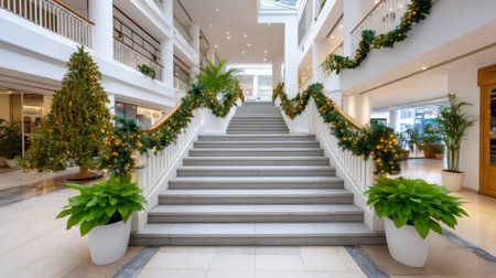Hotel lobby staircase and Christmas tree showing festive decorations and lights for the holiday seasonの素材