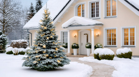 Cozy home exterior featuring a lit Christmas tree and snow-covered landscapeの素材