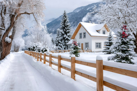 House and snow-covered trees in a winter alpine landscape, smoke rising from chimneyの素材
