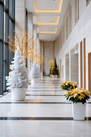 Modern hotel corridor featuring festive white Christmas trees and sparkling holiday lightsの素材