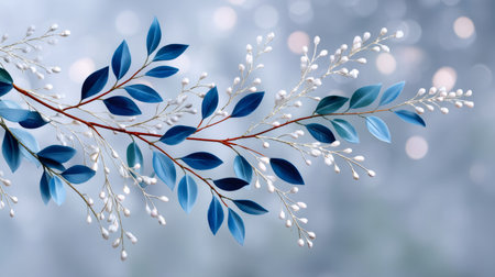 Festive winter branch featuring blue leaves and white berries on a light blue bokeh backgroundの素材