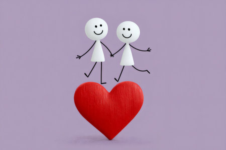 Stick figures couple holding hands, balancing together on a red heart against a purple backgroundの素材