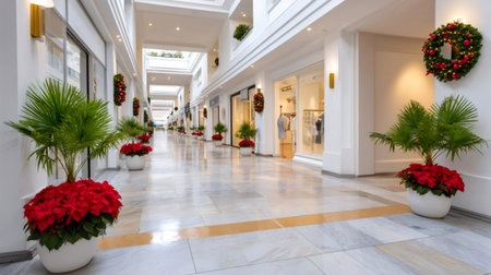 Shopping mall interior featuring festive Christmas decorations and plants anticipating the holiday seasonの素材