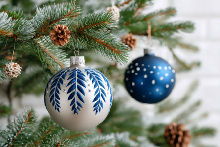 Christmas tree branch displaying blue and silver festive baubles, pine cones, and greeneryの素材