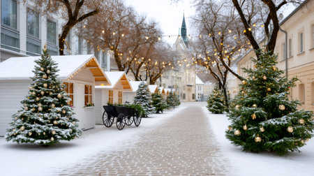 Outdoor Christmas market stalls and festive fir trees decorating a snowy town squareの素材