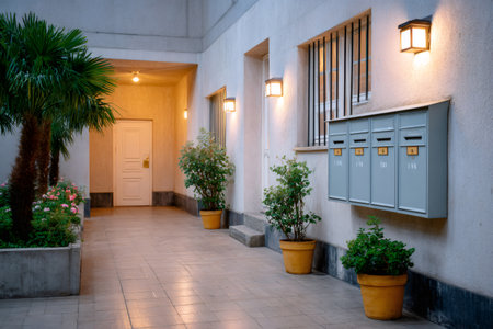 Residential courtyard garden area featuring mailboxes, illuminated walls, and potted plantsの素材