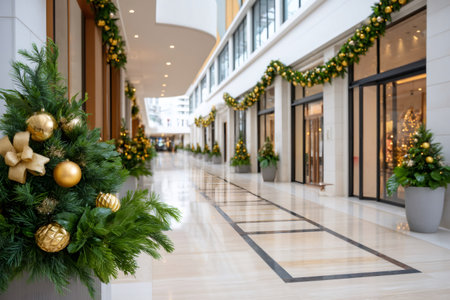 Shopping mall corridor decorated with garlands, ornaments, and small Christmas trees during the holiday seasonの素材