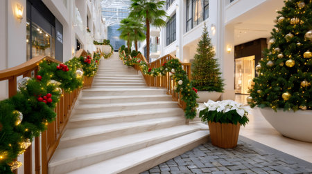 Shopping mall interior showcasing a grand staircase with festive Christmas decorationsの素材