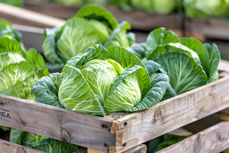 Freshly harvested green cabbages filling wooden crates, focusing on healthy eating and farm produceの素材
