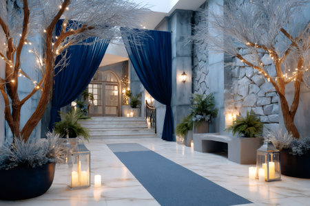 Grand entrance to a luxurious venue decorated for a winter-themed wedding or special eventの素材