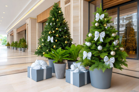 Lobby entrance featuring festive Christmas trees, silver gift boxes, and holiday decorationsの素材