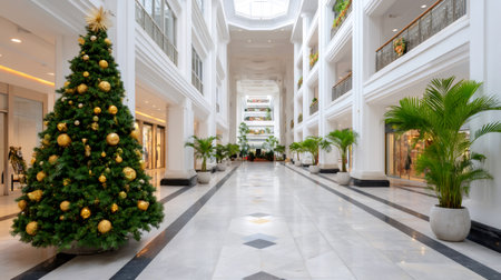 Christmas tree standing in a brightly lit, spacious shopping mall corridor, symbolizing the holiday seasonの素材