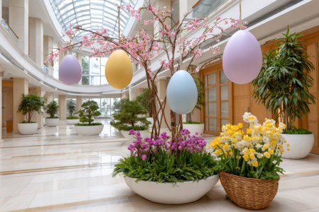 Large pastel Easter eggs hanging from spring blossom branches in a modern building lobbyの素材