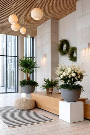 Modern hotel lobby with contemporary decorative elements, warm lighting, and natural greeneryの素材