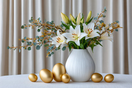 White lilies in a vase with golden Easter eggs symbolizing spring celebration and eleganceの素材