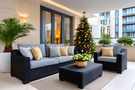 Modern outdoor terrace patio lounge furniture decorated with an illuminated Christmas tree and plantsの素材