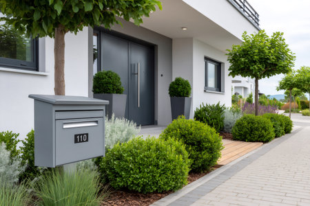 Modern house exterior featuring a gray mailbox, front door, and green landscapingの素材