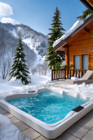 Relaxing hot tub experience on a snowy terrace with a mountain viewの素材