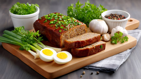 Homemade meatloaf with boiled eggs, green onion, parsley, garlic, and mixed peppercornsの素材